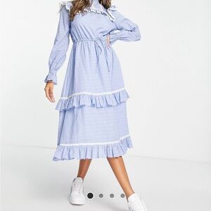 ASOS Blue Tiered Mock Neck Sundress with Bishop Sleeves